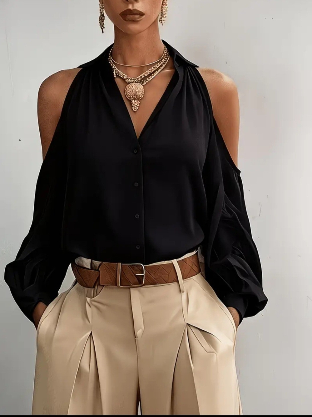 Cold-Shoulder Black Button-Front Women's Blouse